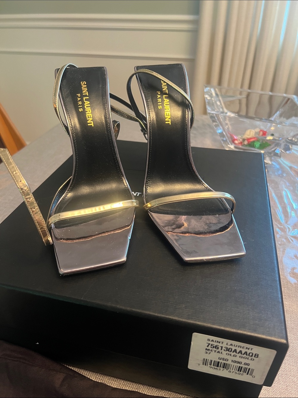 Saint Laurent Gold Metallic Strappy Square-Toe Heels